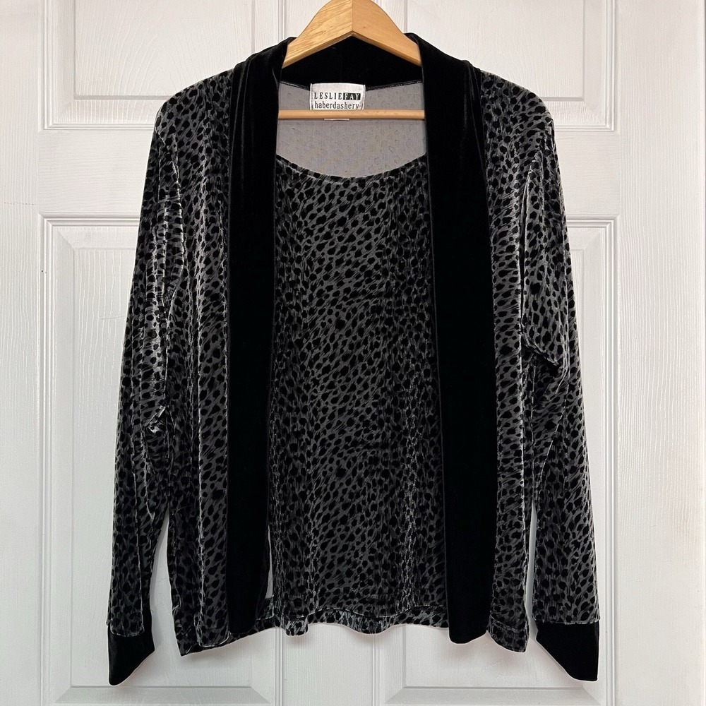 Leslie Fay Haberdashery Womens L Layered Long Sleeve Velvet Leopard Gothic